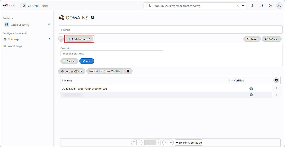 Screenshot of the WatchGuard Email Protection add domain